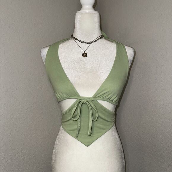 Edikted Cady Cutout Halter Crop Top Women Small Green Tie Front Rave Going Out - Picture 1 of 6